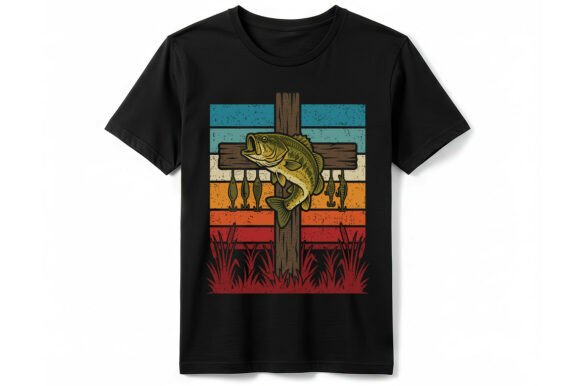 Retro Bass Christian Cross Fishing T-Shirt Graphics